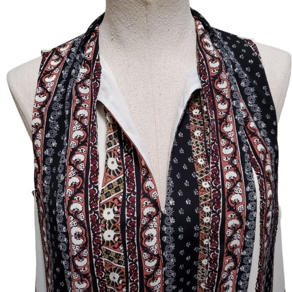 1.State Tie Neck Striped Boho Printed Sleeveless Swing Shift Dress Chalk S - Picture 3 of 12